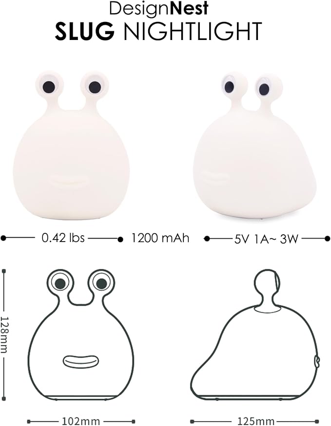 DesignNest Slug Night Light, LED Soft Silicone Touch Control Lamp, Dimmable, Auto Off Timer, Rechargeable, Sleep Aid, 80H+ Long, Squishy Night Light Toy, Kids, Toddler, Nursery, Bedroom, Gift