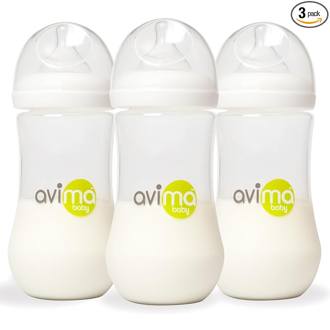 Avima Baby 12 oz Anti Colic Baby Bottles for Breastfed Babies - Fast Flow Nipples, Wide Neck Bottle, BPA Free - 9-12 Months, Stage 3 (Set of 3)