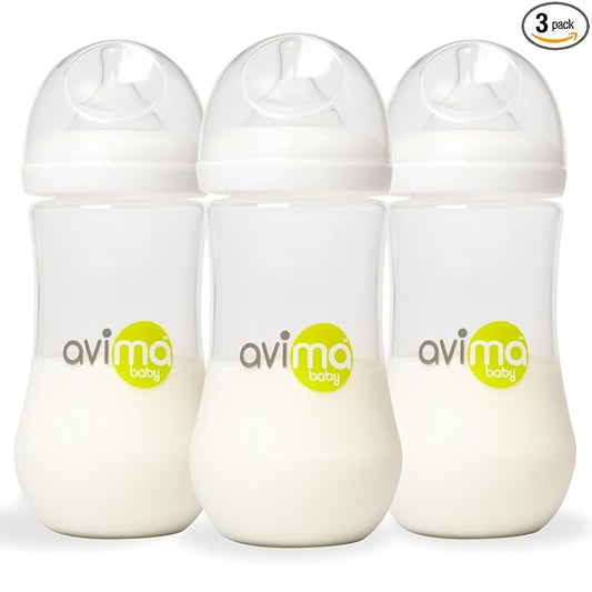 Avima Baby 12 oz Anti Colic Baby Bottles for Breastfed Babies - Fast Flow Nipples, Wide Neck Bottle, BPA Free - 9-12 Months, Stage 3 (Set of 3)