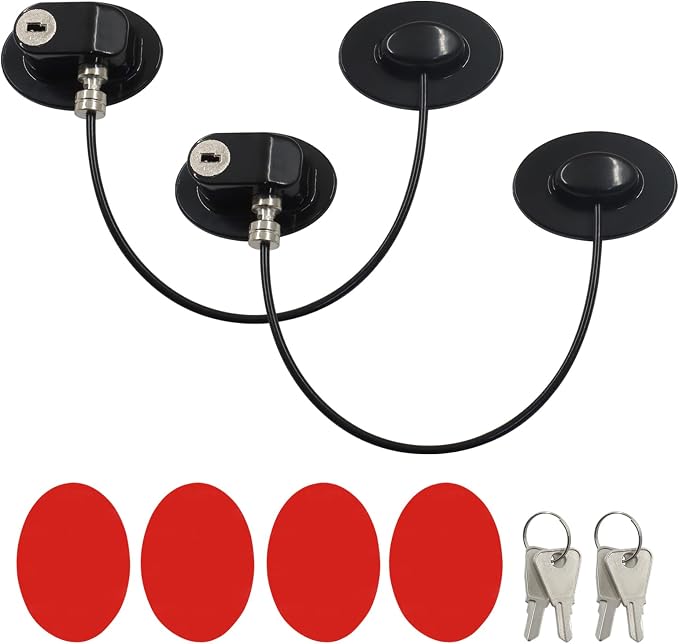 Refrigerator Lock, 2 Pack Child Safety Lock Set, ABS Plastic Construction with Strong Adhesive, Secure Fastening for Fridge, Cabinet, Drawer and Toilet Seat, Black