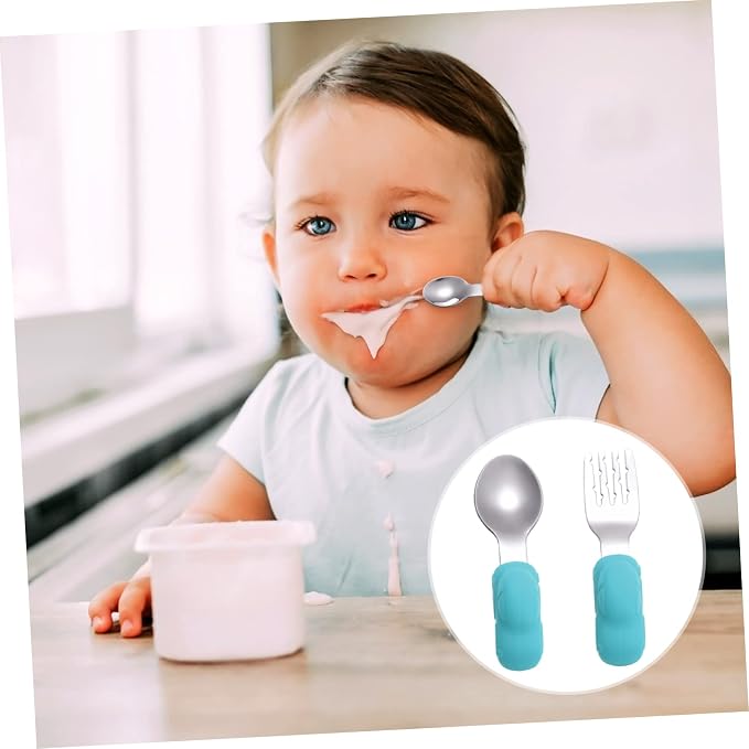 Healifty Stainless Steel Training Tableware Car Shaped Fork and Spoon for Safe Feeding Utensils with Comfortable Short Handles in Sky Blue for Self Feeding and Learning