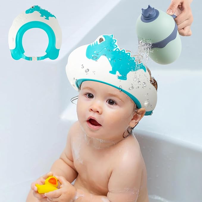 FUNUPUP Baby Shower Cap for Kids with Bath Rinse Cup, Adjustable Toddler Hair Washing Shield Hat Baby Bath Visor Shampoo Hat for Toddlers 6M-9T（Dinosaur Blue)