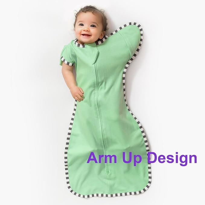 Transitional Baby Sleep Sack 2-Pack, 100% Cotton Newborn Wearable Blanket, Arms Up Design with 2-Way Zipper, Breathable Swaddle for Infants Boys Girls (Green + Blue, Small 0-3 Months)