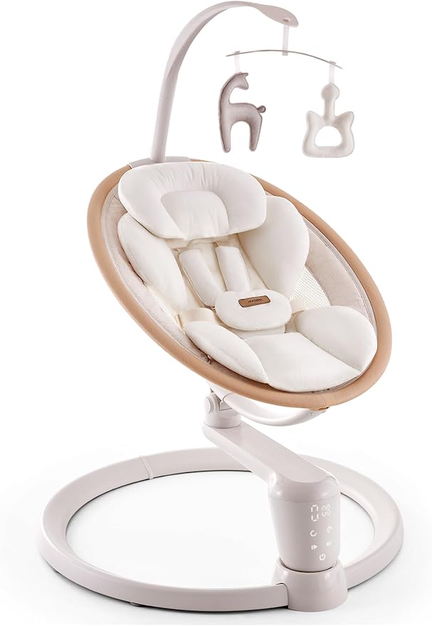 HARPPA Weddell Signature Baby Electric Swing for Newborns and Infants, Elevated Eye-Level Seat, 180° Rotation with Dual Motion, 5-Point Harness, 5 Speeds & Remote Control, Beige