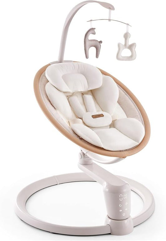 HARPPA Weddell Signature Baby Electric Swing for Newborns and Infants, Elevated Eye-Level Seat, 180° Rotation with Dual Motion, 5-Point Harness, 5 Speeds & Remote Control, Beige