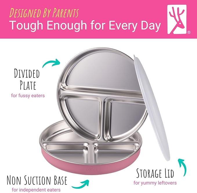 Stainless Steel Divided Plates + Silicone Sleeve and Storage Lid | Baby, Toddler, Kids | Dinner & Snack Plates | 4 Pack