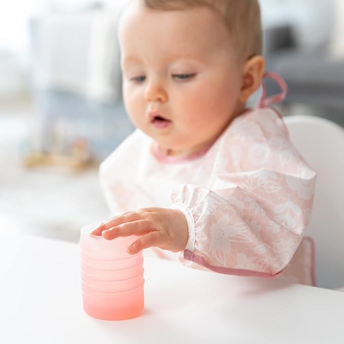 Bumkins Baby and Toddler Cups, Sip Cup, Spill Proof Training Drinking for Babies Ages 4 Months, Tip Proof, Platinum Silicone Starter Cup, First Year Learning Supplies, Easy to Hold, Holds 2oz, Pink
