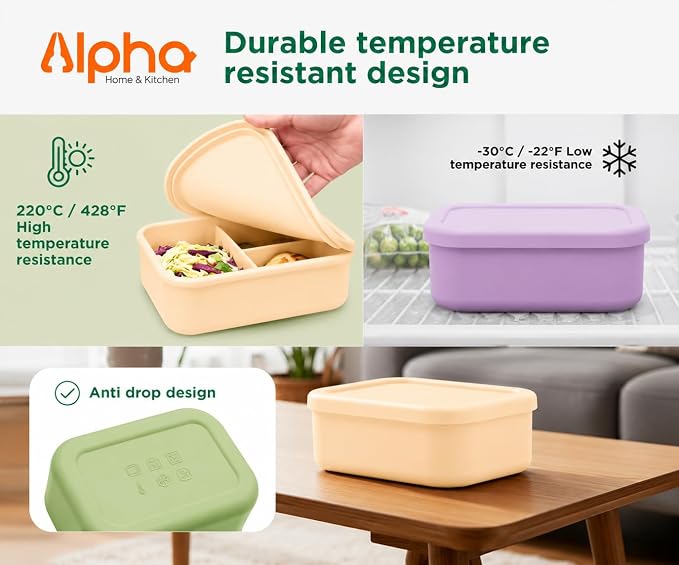 Silicone Bento Box for Kids, 3 Compartment Lunch Box, Small Portions, BPA Free Snack Container, Leak Resistant, Easy to Clean, Dishwasher Safe