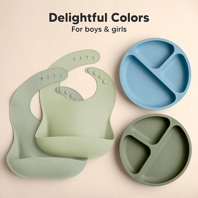 KeaBabies 2-Pack Silicone Bibs for Babies, Toddlers Girl, Boy ??Sturdy Food-Grade Baby Bibs for Eating, Large Food Catcher, Clean & Put On Easily, Waterproof Toddler Feeding Essentials (Sage)