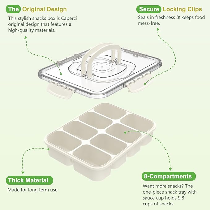 Caperci Snackle Box Container - Large 8 Compartments Divided Serving Tray with Lid & Handle, Portable Snack Box Tray for Travel Picnic, Dishwasher Safe, BPA-Free (Hold 10 Cups/2400ML)