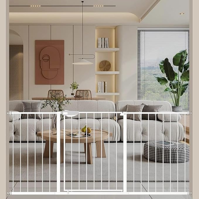 WAOWAO Triple Lock Baby Gate Extra Wide 62.59-67.32" Pressure Mounted Walk Through Swing Auto Close Safety White Metal Dog Pet Puppy Cat for Stairs,Doorways,Kitchen