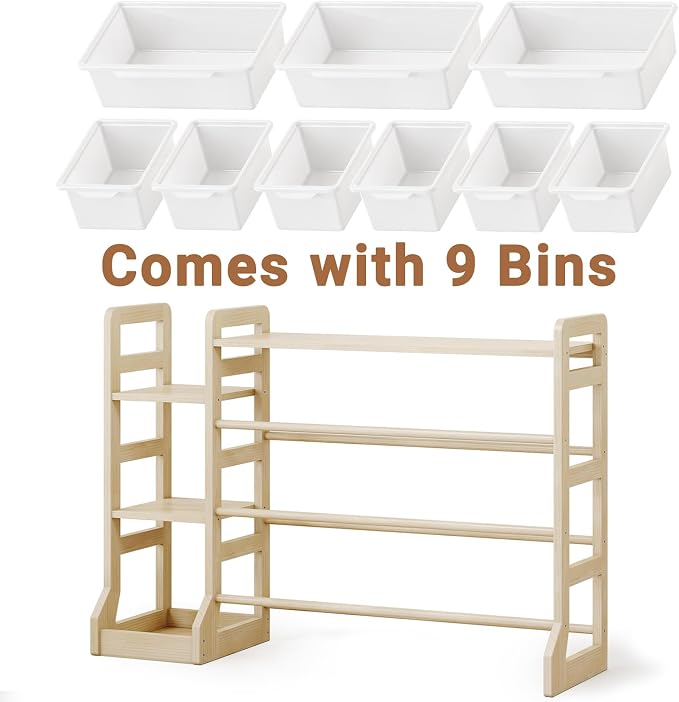 Kids Toy Storage Organizer with Bookshelf, Wooden Toy Shelf with 3 Open Shelves and 9 Removable Bins, Extended Base Sturdy Storage Cabinet for Playroom, Kids Room, Nursery Organization