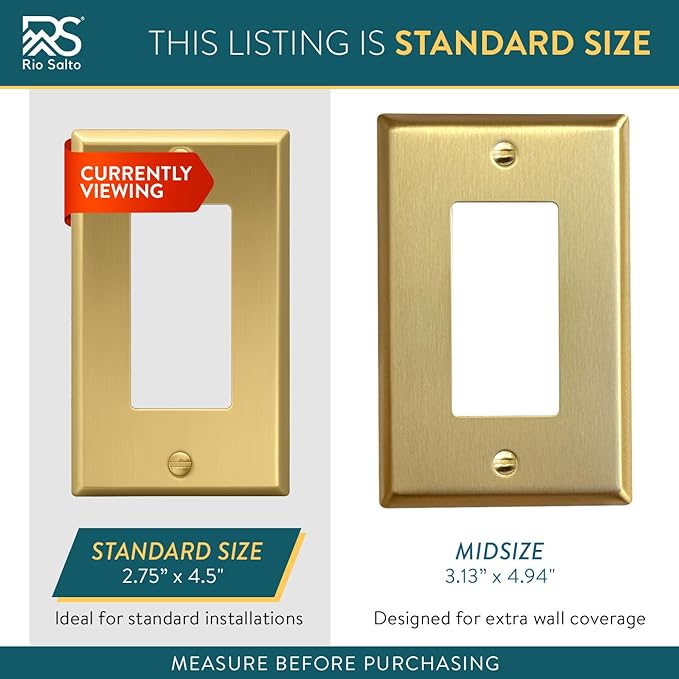 Rio Salto BRASS Signature Collection Brushed Brass Gold Metal Outlet Cover, Decorative Light Switch Cover Plate Wall Plate, Premium, Rocker 1-Gang, 2.75" X 4.50" Standard Size 2-Pack