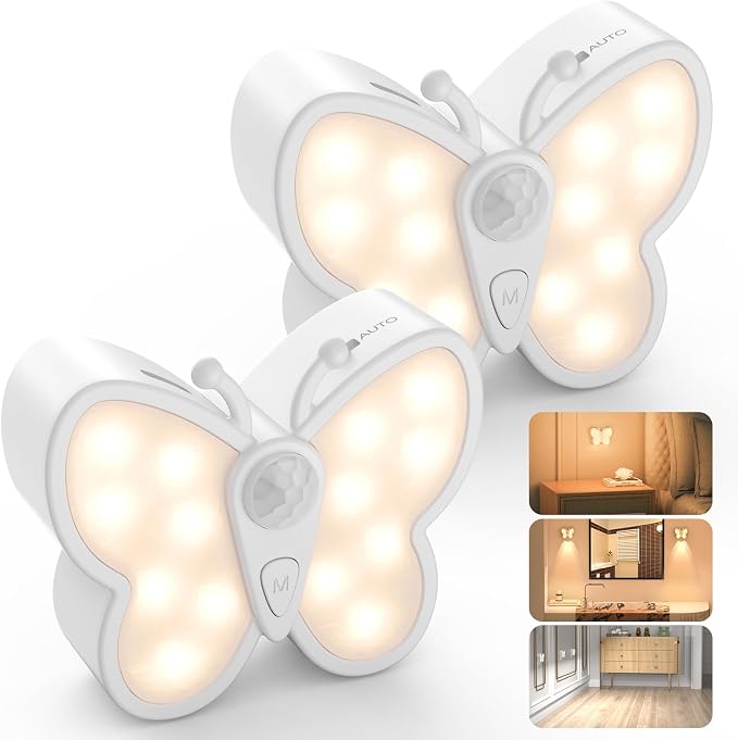 MY BEAUTY LIGHT Bright Dimmable Butterfly LED Night Light, Smart Motion Sensor Night Light Lamp with Spotlight and 2 Color Temperature, Magnetic Rechargeable Nightlight for Kids Room, Wall (2 Packs)