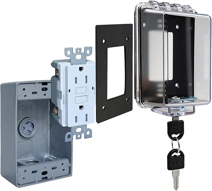 Universal Weatherproof Electrical Outlet Cover Kit with Lock,Outlet Waterproof Cover Box with 15 Amp TR Self Test GFCI Kit, Baby Proof Outlet Lock Box for Outdoor in-Use, 1-Gang
