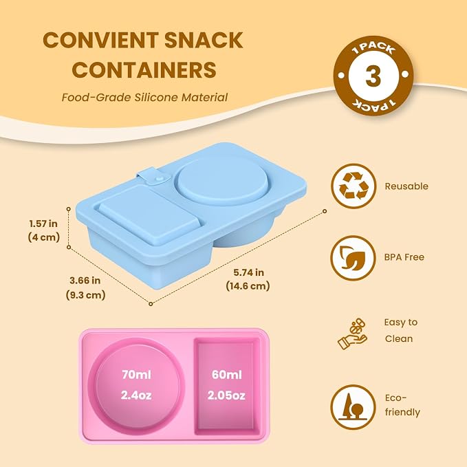 Reusable Snack Containers with Lids Silicone, 3 Pack Double/2 Compartment Small Snackle Box Container for Salad Sauce, Condiment Containers with Lids for Portion Control, Travel, Picnic