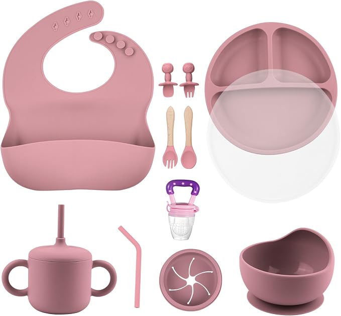 Silicone Baby Feeding Set, BPA Free Baby Feeding Essentials, Baby Suction Bowl, Plates, Bib, Sippy Cup, Spoons set, Baby Led Weaning Supplies to Develop Self-feeding Skills (Pink, With Lid)