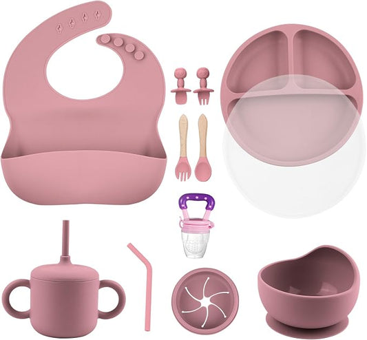 Silicone Baby Feeding Set, BPA Free Baby Feeding Essentials, Baby Suction Bowl, Plates, Bib, Sippy Cup, Spoons set, Baby Led Weaning Supplies to Develop Self-feeding Skills (Pink, With Lid)