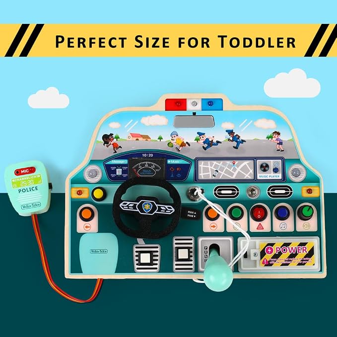 JAUNTY Montessori Sound Busy Board for Toddlers 1 2 3 Years Old, Wooden Police Car Sensory Toy with LED Light Switches, Recordable Walkie-Talkie, Travel Toys for 1+ Year Old Baby and Toddler