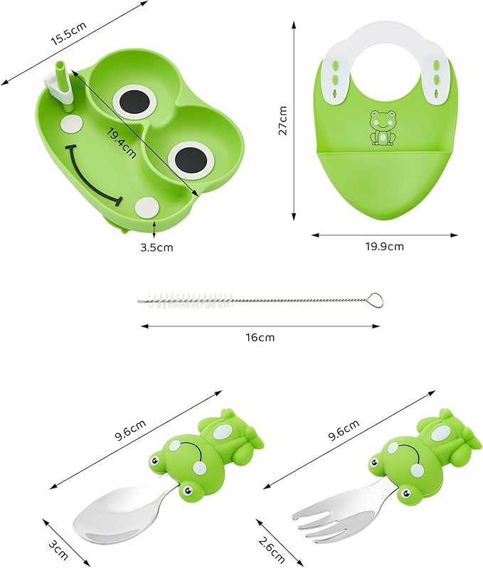 5-Piece Silicone Baby Feeding Set ??Baby Plates with Strong Suction, Toddler Plates Set, Unbreakable Food-Grade Silicone Divided Plate with Spoon, Fork, Bib & Straw Brush