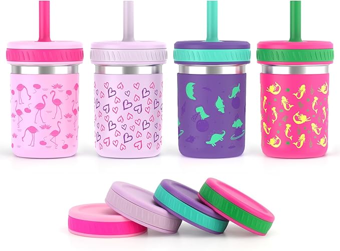 Sursip Toddler Kids Cups with Lids and Straws, Stainless Steel Toddler Sippy Cups Kids Tumbler with Silicone Straws for Smoothie, Drinking, Snacks, BPA-Free, Dishwasher Safe - 10 oz (4 Packs)