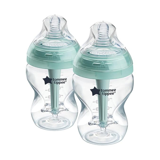 Tommee Tippee Advanced Anti-Colic 9 oz BPA Free Baby Bottles, Newborn 0+ Months, Slow Flow Breast-Like Nipple, Unique Design Keeps Air Away from Milk and Baby, Clear, Pack of 2