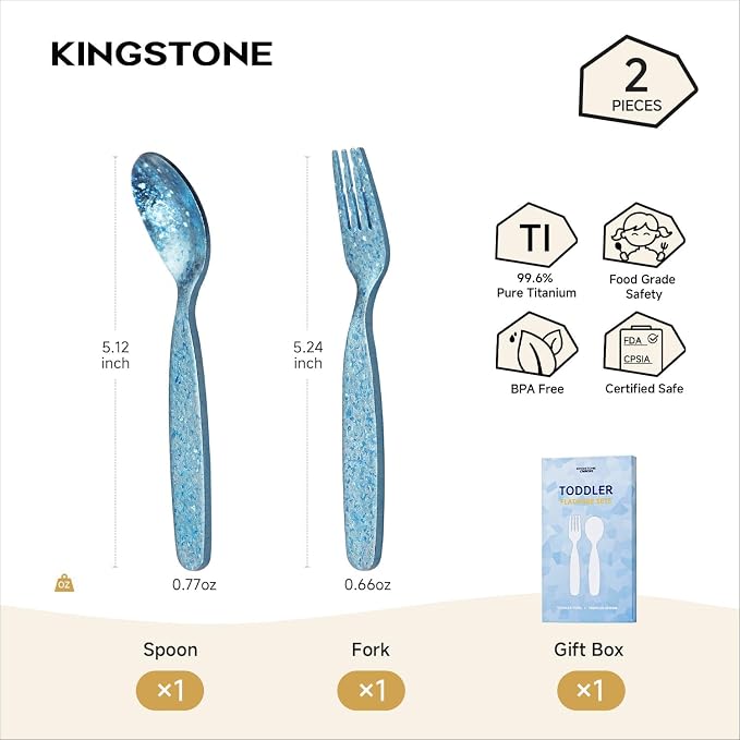 KINGSTONE Toddler Utensils Set, Pure Titanium 2-Piece Fork & Spoon Gift Set, Lightweight Kids Silverware for Self-Feeding Training, Easy Grip, BPA-Free, Dishwasher-Safe, Blue