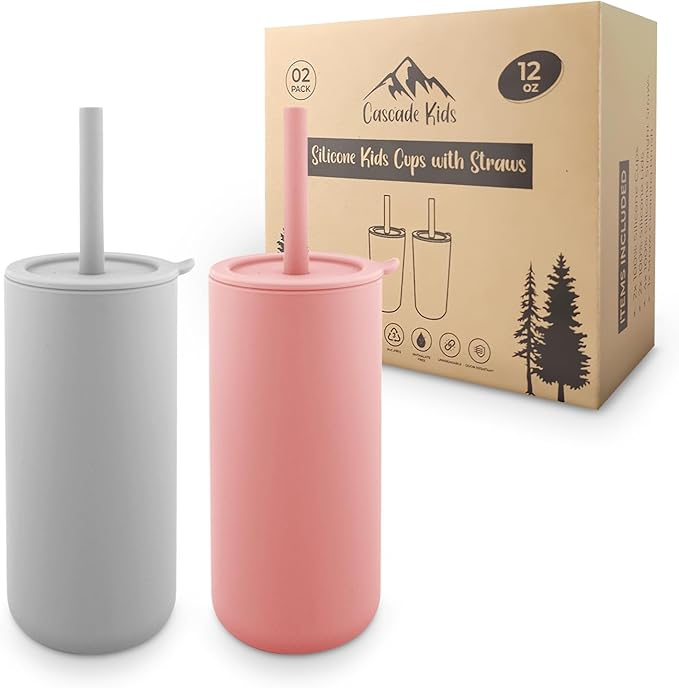 Silicone Kids Smoothie Cups with Straws and Lids, (2 Pack), Non Plastic, BPA-Free, Unbreakable, Smell Proof, for Kids and Toddlers 3-5 years, 12oz Rose Pink, Stone Grey