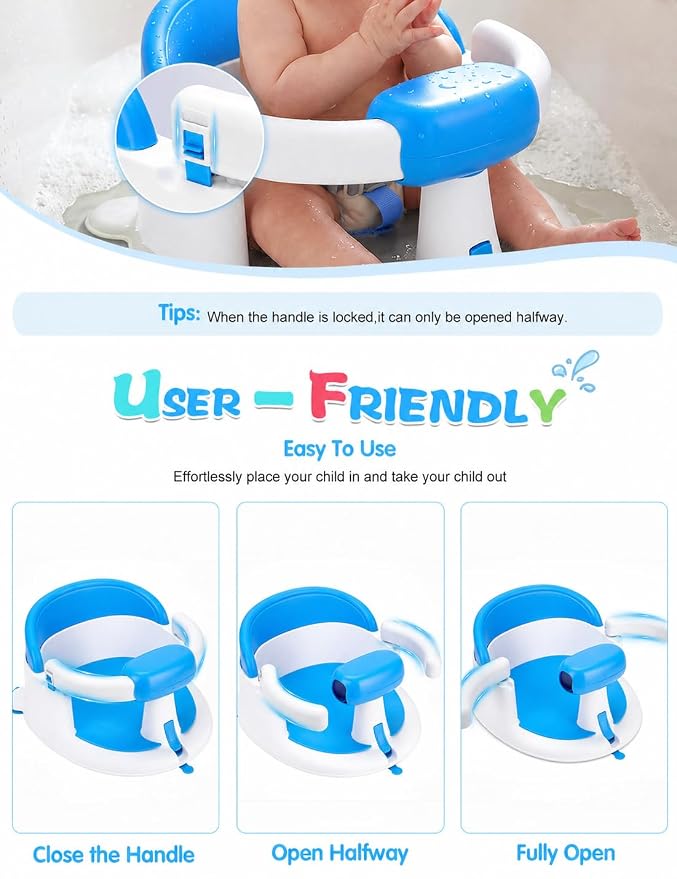 Baby Bath Seat for Babies 6 Months & up with Suction Cups, Non-Slip Infant Bath Chair, Ergonomic Baby Bathtub Seats for Babies Sitting Up, BPA-Free Toddler Bath Seat, Easy-Release Pull Tab, Blue