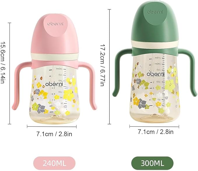 Oberni Toddler Sippy Cup 10oz, Weighted Straw Baby Drinking Water Bottle with Valved Spout for 6+ Months, 300ml/Green/1Pack