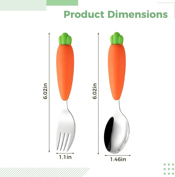 2 Pcs Little One Utensils Set, 304 Stainless Steel Fork and Spoon with Food-Safe Silicone Handle, Carrot Design, Sized for Little One Self-Feeding