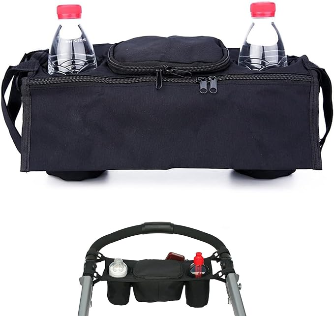 Stroller Organizer with 2 Insulated Cup Holder, Universal Stroller Caddy Accessories Zipper Design Durable Stroller Organizer Bag for All Baby Strollers (Black)