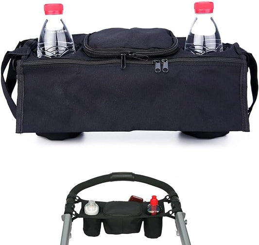 Stroller Organizer with 2 Insulated Cup Holder, Universal Stroller Caddy Accessories Zipper Design Durable Stroller Organizer Bag for All Baby Strollers (Black)