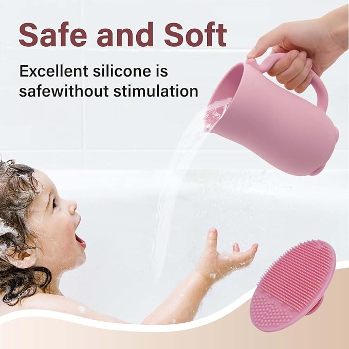 mandoo Baby Bath Rinse Cup - Food Grade Silicone - Shampoo & Body Washing Rinser Cup for Kids with Easy Grip Handle to Rinse Baby Shampoo and Soap - Baby Essentials（Purple+Brush