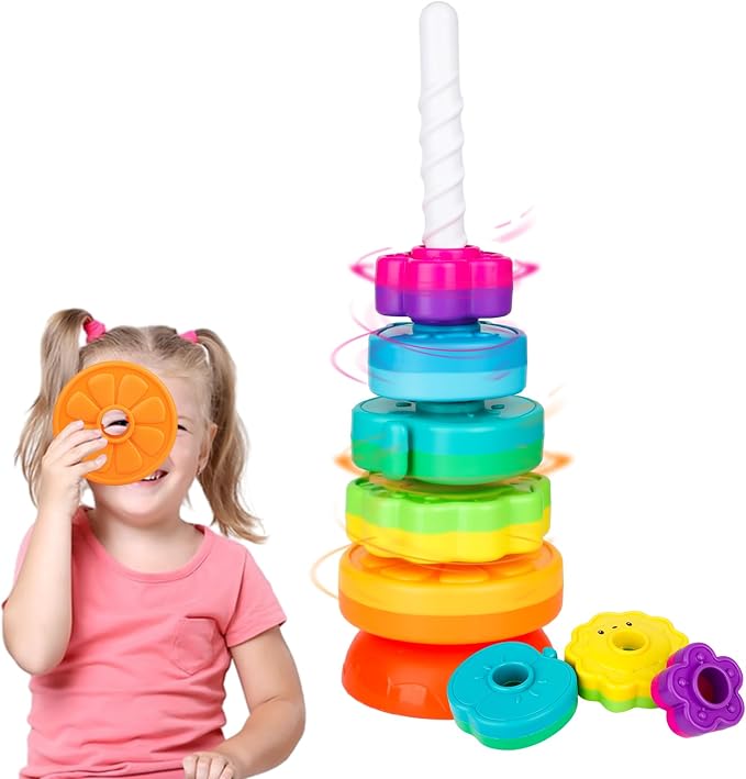 Educational Baby Spinning Stacking Toy, Stacking Rings Baby Toy, Montessori Learning Toys for Toddlers, Fine Motor and Sensory Toys for Kids, Gift for Baby Girls Boys Age 12+ Months
