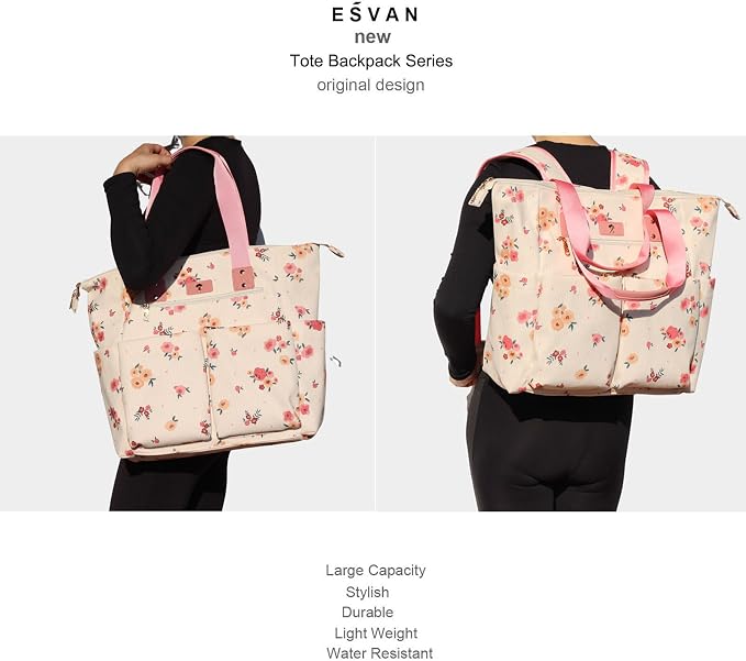 ESVAN Diaper Tote Bag Totepack Backpack 2 in 1 for Women Multifunctional Large Capacity with Insulated Pockets Travel | Multifunctional