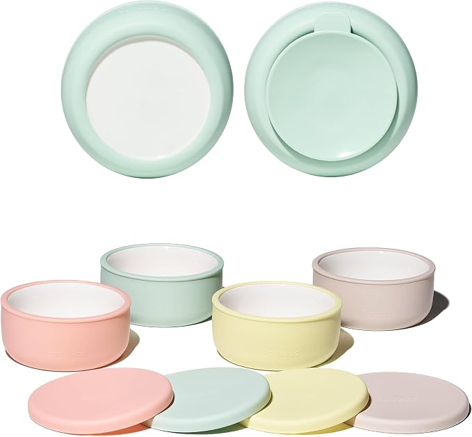 Pandaloo® Porcelain Kids Bowls 4-Pack with Removable Suction Base & Silicone Lid, Non-Toxic Toddler Feeding Bowls, Microwave & Dishwasher Safe, Ceramic Baby Bowls for Babies & Toddlers
