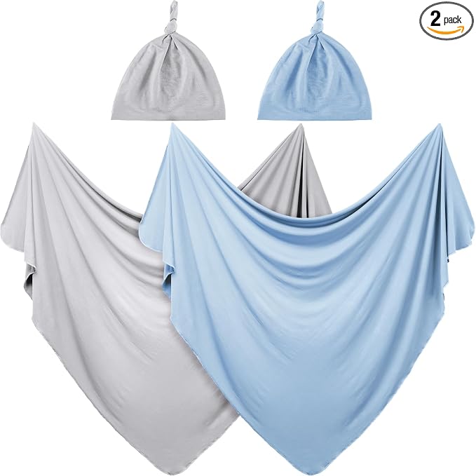 JaGely 2 Pcs Stretchy Baby Swaddle Blankets Set with Hats Extra Soft 47" x 47" Newborn Nursery Swaddle Wrap for Baby Girls and Boys(Light Gray, Light Blue)