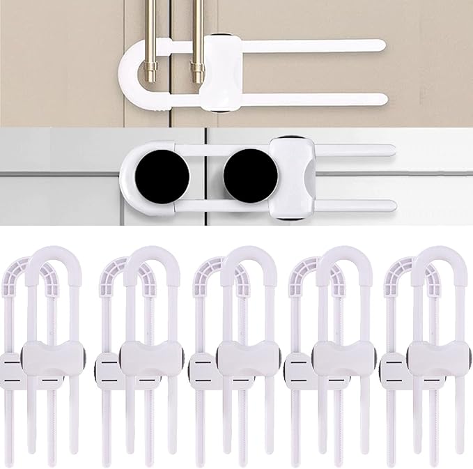Sliding Cabinet Locks for Babies, Baby Proofing Adjustable U-Shaped Baby Safety Latches for Handles Knobs Drawers, Fridge, Closet, Cupboard, Closet with Secure Lock Buttons,10Pack (White)