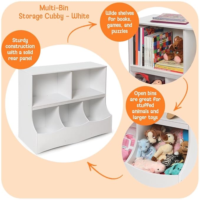 Badger Basket Multi-Bin Storage Cubby for Kids - Toy Organizer with 3 Cubbies, 2 Open Shelves, Display Top for Playroom or Bedroom - Storage Unit for Toys, Books & More - White