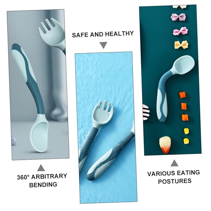 Mobestech 2 Sets Flexible Silicone Fork and Spoon Portable Lightweight Feeding Utensils in Safe Materials for Complementary Food Use
