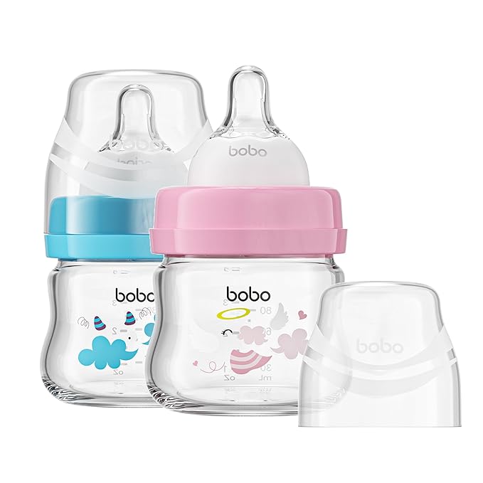 YOHKOH Glass Baby Bottles with Slow Flow Nipple, Newborn Anti-Colic Baby Bottles for 0+ Months, Wide Neck Feeding Bottle, Clear (Multicolour, 2.7oz (Pack of 2))