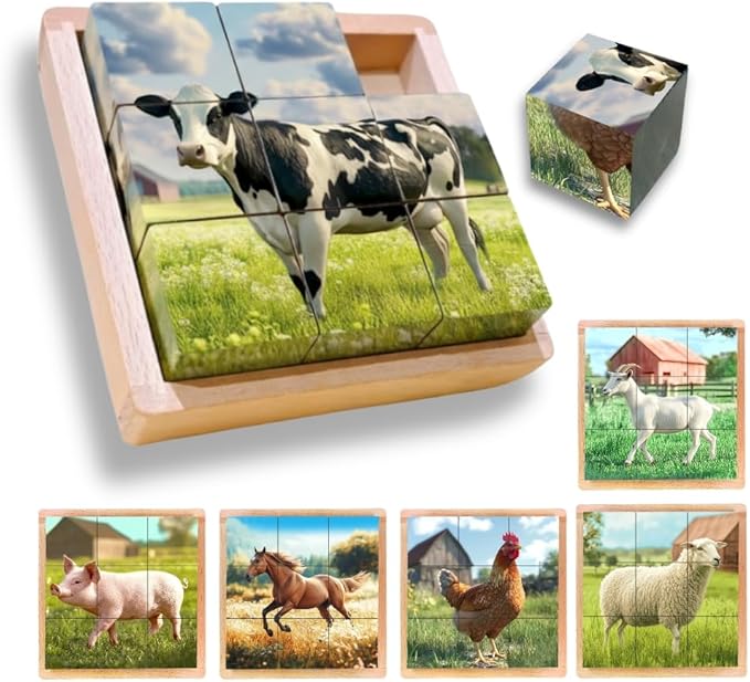 6-in-1 Wooden Animal Puzzle – Montessori Cube Toy for Kids – Realistic Farm Animals Educational Wood Blocks for Toddlers Ages 3–6