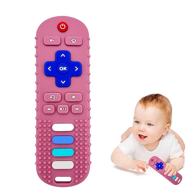 ROBBEAR Baby Teething Toys, Food Grade Silicone Teether for Babies 3 6 12 18 Months, TV Remote Shape Toddlers Chew Toys, Freezer BPA Free (Pink RC)