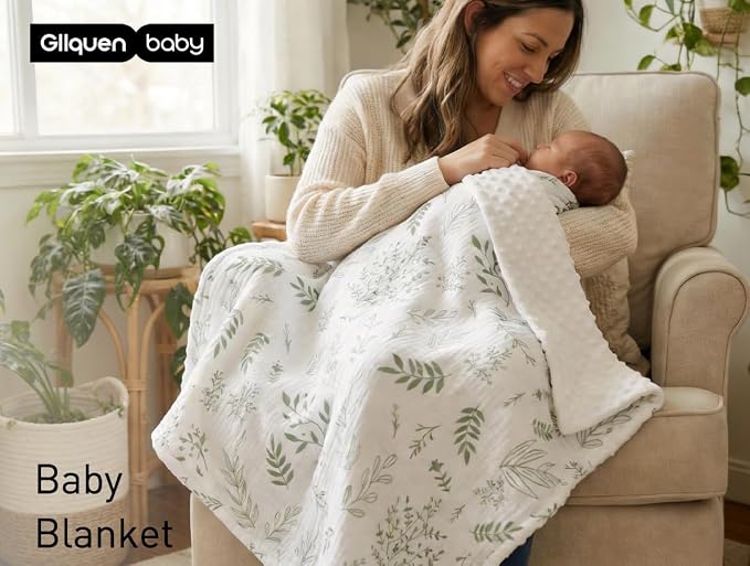 GLLQUEN BABY Blankets for Boys Girls, Soft Muslin Cotton Front Dotted Fleece Backing, Nursery Minky Crib Blanket for Infant Toddler, 30 x 40 inches Throw Blanket, Green & Leaves