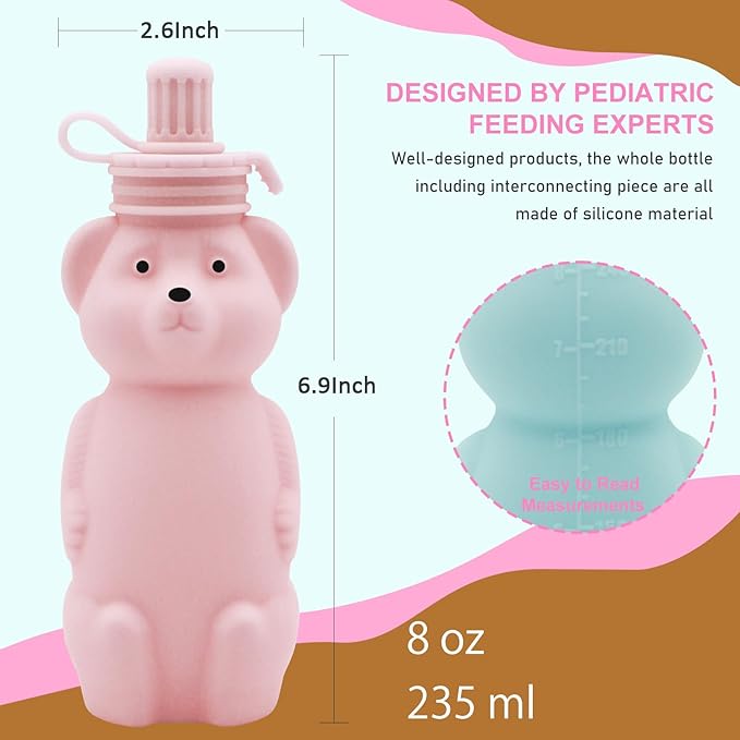 Mootikar Honey Bear Silicone Straw Cup, Babies Water Drinking Cup, 8-Ounce Therapy Sippy Bottles for Speech and Feeding Training, BPA Free & Dishwasher Safe (PINK)