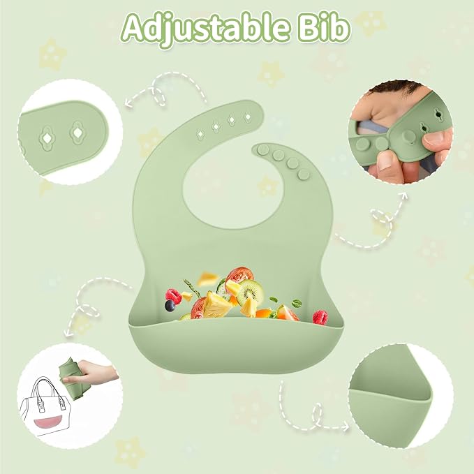 5-in-1 Stainless Steel Baby Feeding Set, Suction Divided Plates, Bowls, Silicone & Stainless Spoon Fork, Baby Tableware for Self-Feeding, Durable, BPA-Free (Green)