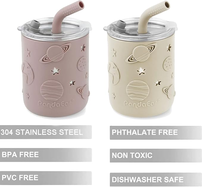 PandaEar 2 Pack Stainless Steel Cups with Lids & Silicone Sleeves | 8.8 oz Spill Proof Sippy Cups with Straw Stopper & Teething-Friendly Straws for Kids Children Ages 3+ (Beige & Pink)