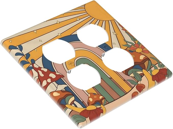 Boho Sun Rainbow Mushroom Hippie Vintage Floral Outlet Covers 2 Gang Double Duplex Decorative Light Switch Covers Electrical Wallplates Socket Faceplate for Kids Room Nursery Decor