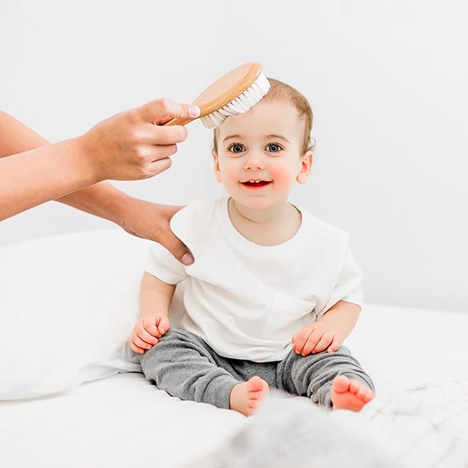 Infant Hair Brush and Comb Set for Newborns and Toddlers - Natural Wooden Hairbrush with Soft Goat Bristles for Cradle Cap - Perfect Scalp Grooming Massage for Baby Registry Gift
